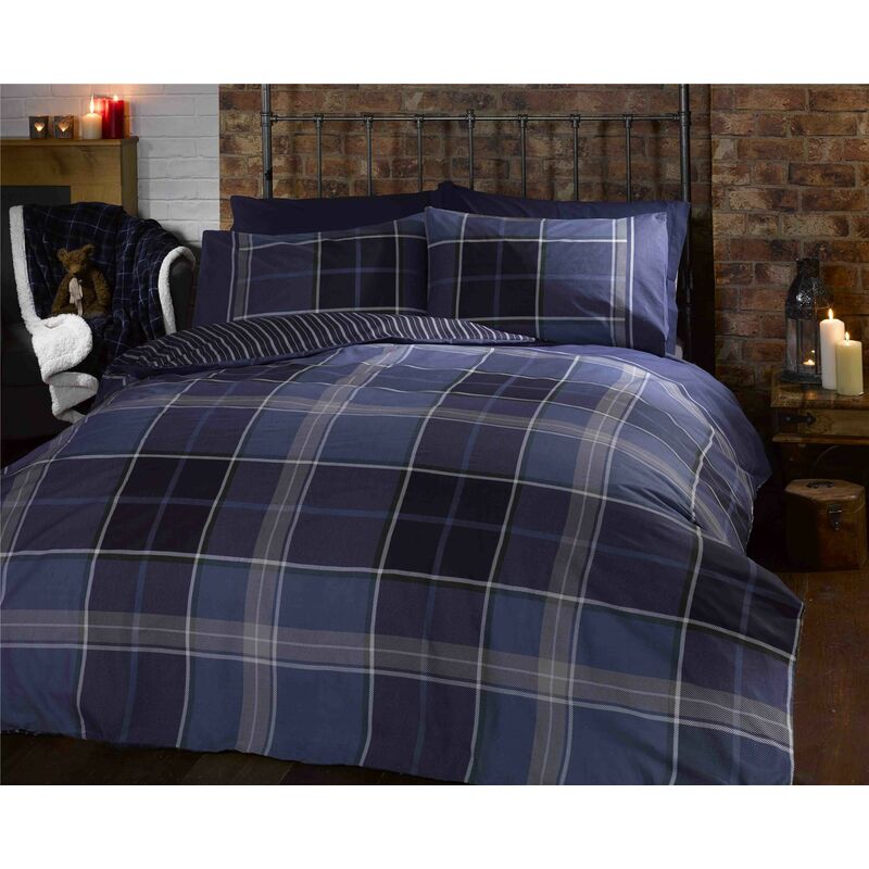 Blue Argyle Tartan Checked Duvet Cover Quilt Bedding Set, Blue, King Size