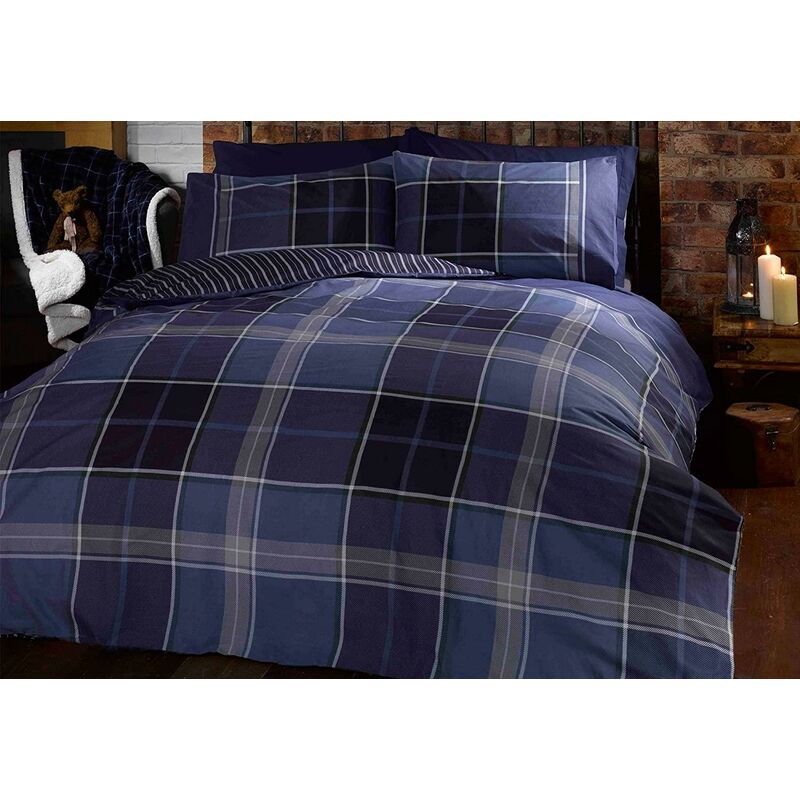 Blue Argyle Tartan Checked Duvet Cover Quilt Bedding Set - Single Size