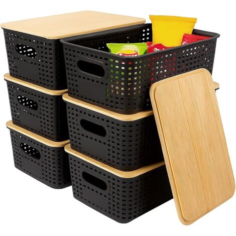 BLUE BAZAAR 6Pcs Storage Black Plastic Bins with Bamboo lids,Lidded Storage Bins,Stackable Storage Boxes for Kitchen, Bathroom, Office, Wardrobe