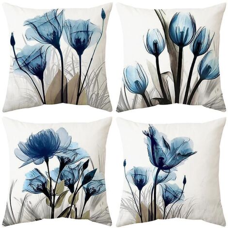 blue Ink Peinture Fleur Et Herbe Housse De Coussin 45cm X 45cm Ensemble De 4 Housses De Coussin Gris Marine 18x18 Pouces Polyester Doux Carr Dcora