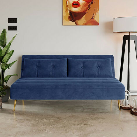 Blue Large Velvet Foldable 2 Seater Sofa Bed with Metal Legs