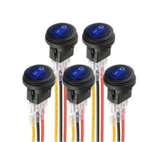 Blue LED round electroluminescent switch KCD1-8 waterproof rocker switch 12V 20A marine and various waterproof 3-pin lighting with wire control (5pcs)