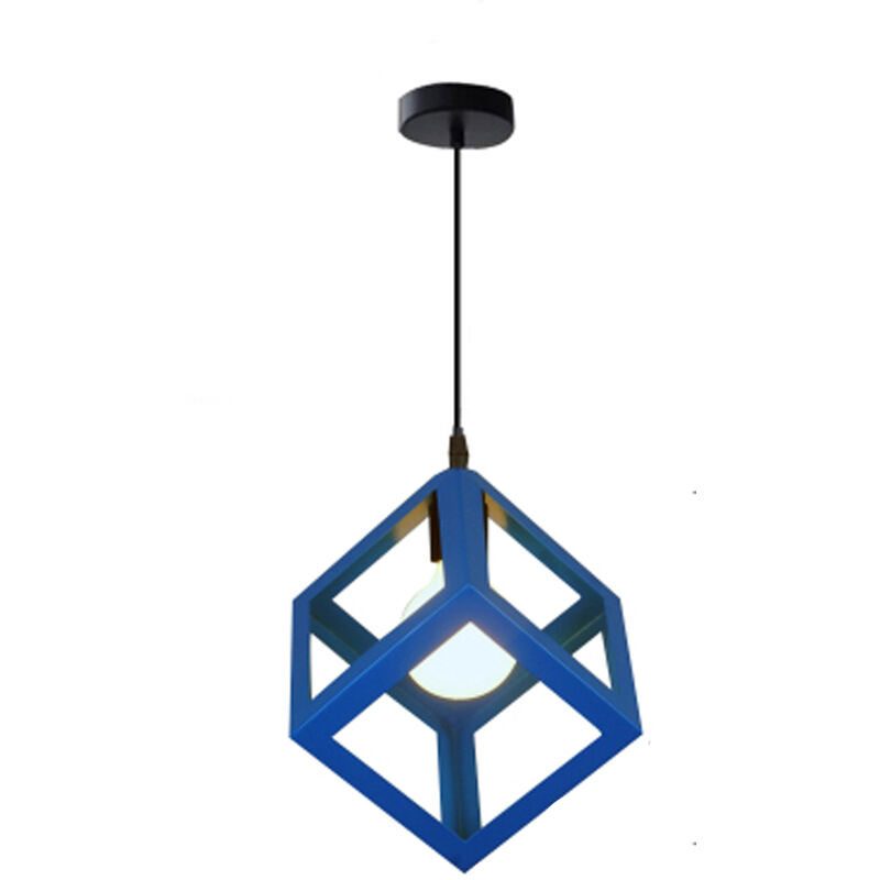 Blue Square Metal Ceiling Lamp Geometric Cube Pendant Light E27 Modern Pendant Lamp Modern Hanging Light for Loft Cafe Bar Restaurant