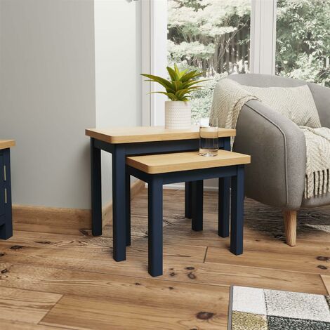 Blue Two Tone Nest of 2 Side Coffee Tables Stackable Wooden Unit Oak Top Finish