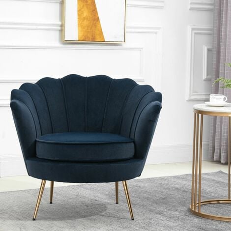 main image of "Blue Velvet Upholstered Scallop Chair Golden Wooden Legs Modern Padded Armchair"