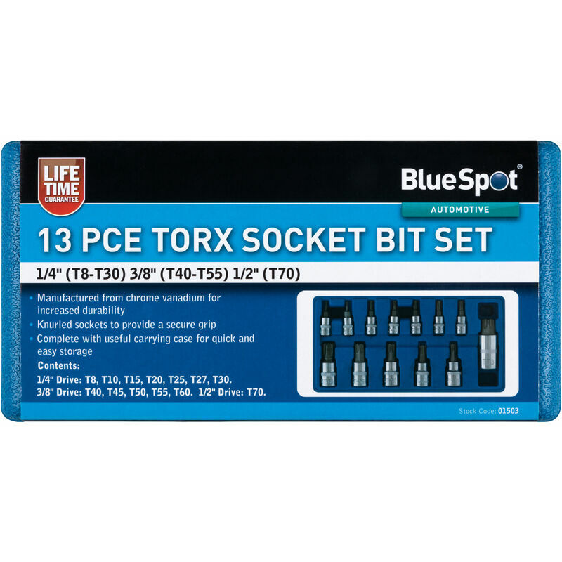 01503 13 Piece Torx Socket Bit Set (T8-T60) - Bluespot