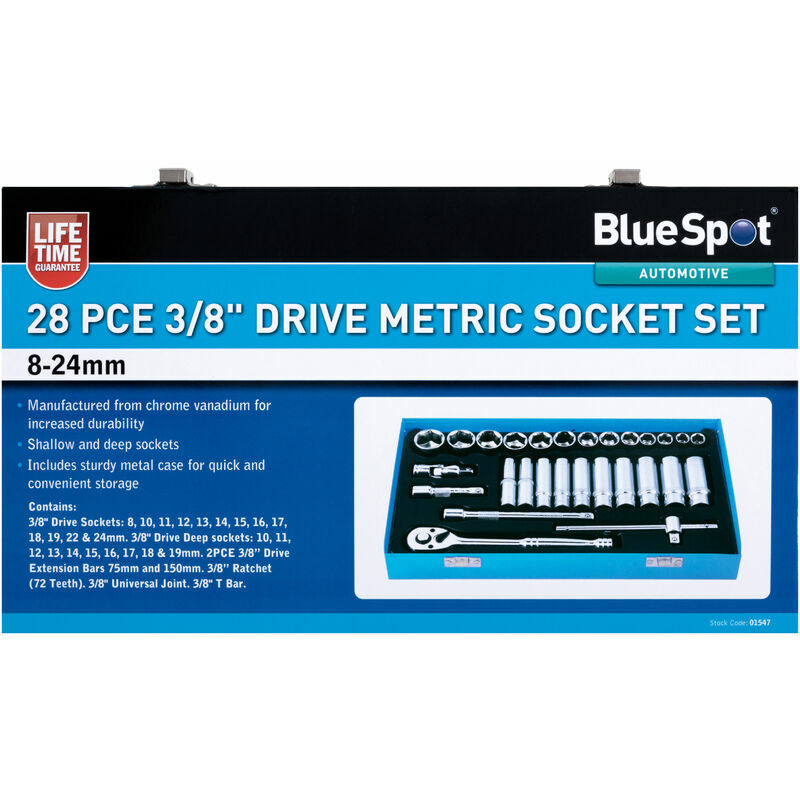 01547 28 Piece 3/8' Drive Metric Socket Set (8-24mm) - Bluespot