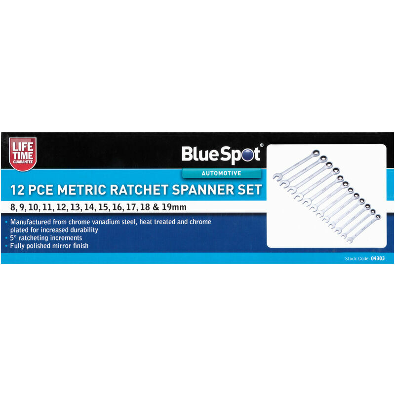 04303 12 Piece Metric Ratchet Spanner Set (8-19mm) - Bluespot