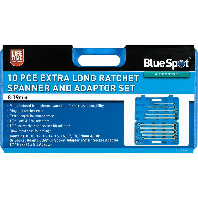 BlueSpot 04307 10Piece Extra Long Double Ring Ratchet Spanner Set