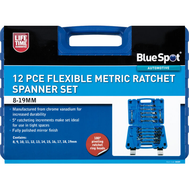 BlueSpot 04309 12Piece Flexible Metric Ratchet Spanner Set (8-19mm)(With Case)