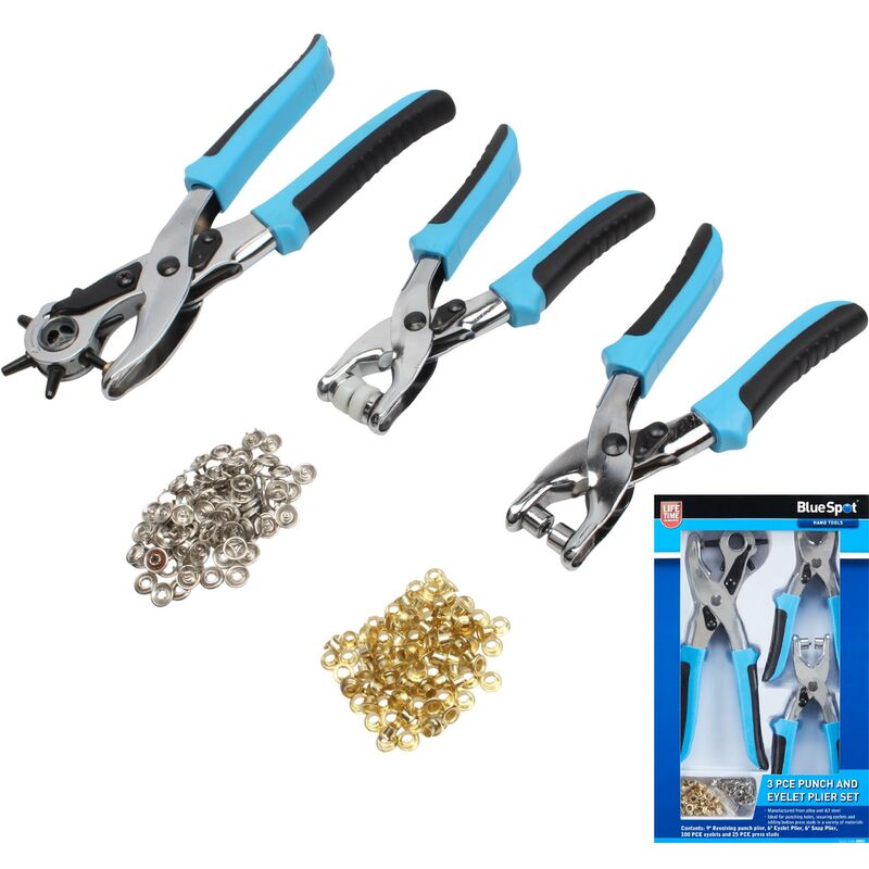 Bluespot - 3pc Revolving Leather Hole Punch And Eyelet Plier Set Puncher Belts Cut