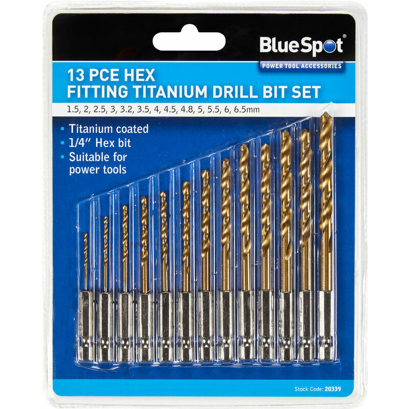 BlueSpot 20339 13 Piece Hex Fitting Titanium Drill Bit Set