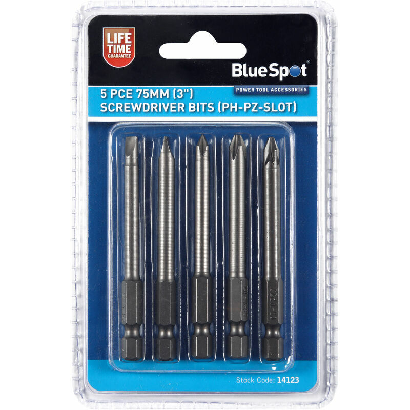 BlueSpot 14123 5 Piece 75mm (3') Screwdriver Bits (PH-PZ Slot)