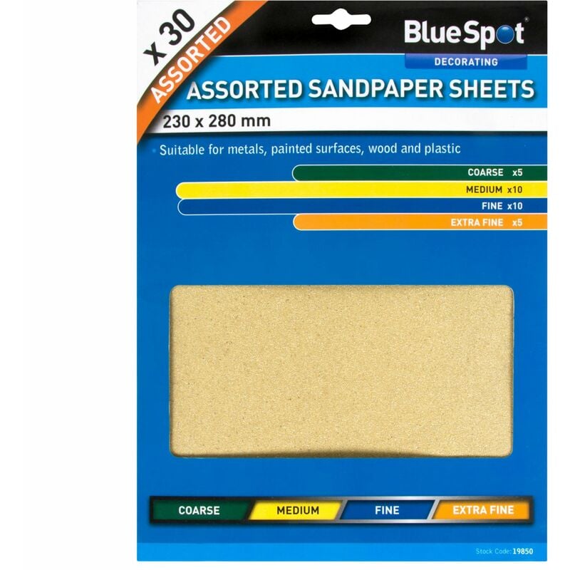 BlueSpot 30 Pce Assorted Sandpaper Sheets