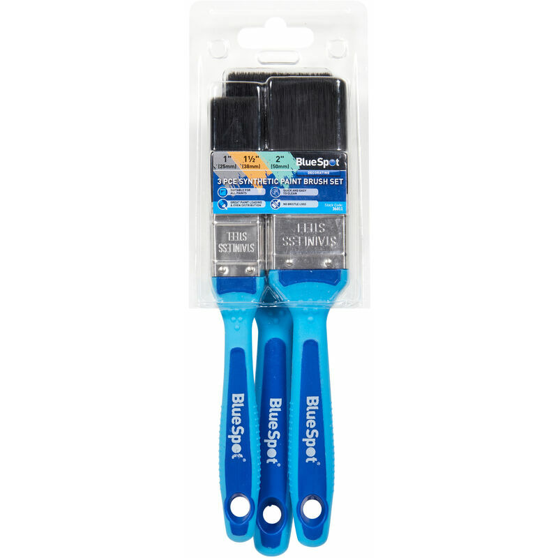 36011 3 Piece Synthetic Paint Brush Set with Soft Grip Handle (1”, 1.1/2” and 2”) - Bluespot