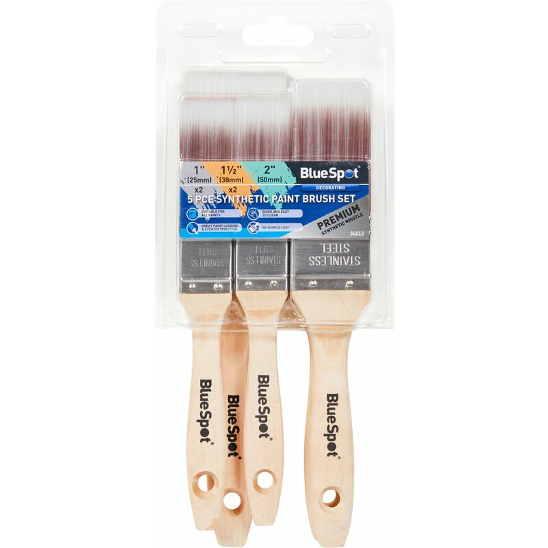 5 pce Synthetic Paint Brush Set with Soft Grip Handle (2 pce 1', 2 pce 1 1/2', 1 pce 2') - Bluespot