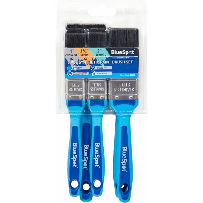 Bluespot - 5 pce Synthetic Paint Brush Set with Soft Grip Handle (2 pce 1', 2 pce 1 1/2', 1 pce 2')