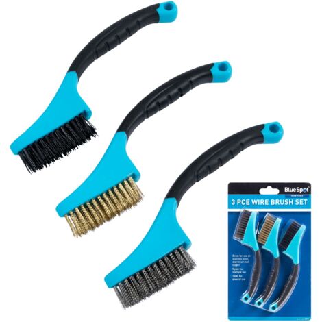 BlueSpot 3pc Soft Grip Mini Brush Set Nylon Brass Steel For Cleaning Metal Rust