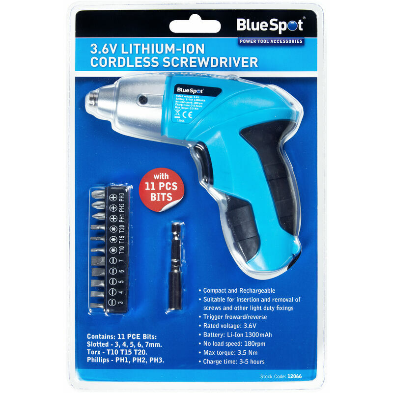 BlueSpot 12066 3.6V Lithium-ion Cordless Screwdriver with 11 Piece bits