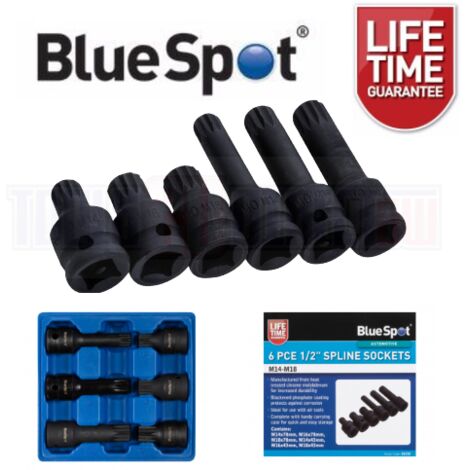 Bluespot 6pc Impact Spline Sockets Bit Set M14 M16 M18 Deep Shallow 1/2" Drive
