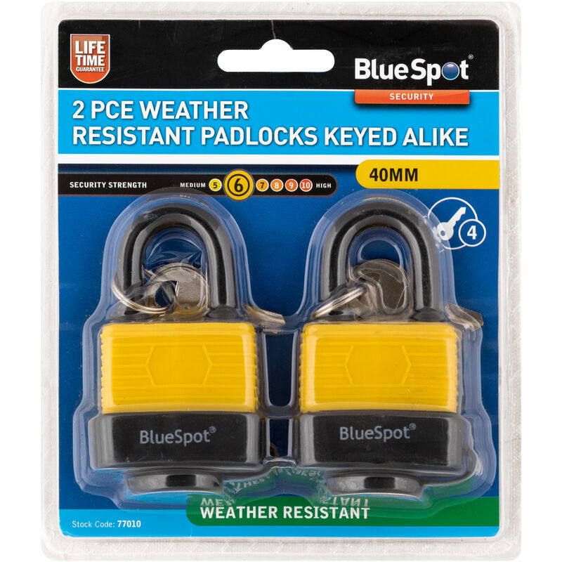 77010 2 Piece 40mm Weather Resistant Padlocks Keyed Alike - Bluespot