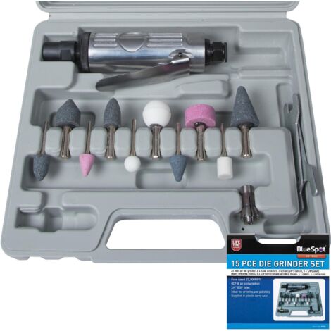 BLUESPOT DIE GRINDER 15PC 1/4"" AIR ANGLE POLISHER SANDER KIT IN CASE 07912