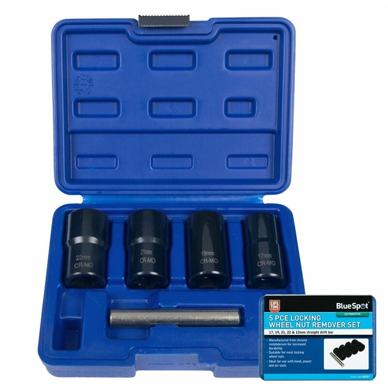 Blue Spot Tools - BlueSpot 5pc Locking Wheel Nut Remover 19 - 22mm Emergency Nut Socket Set 1/2'