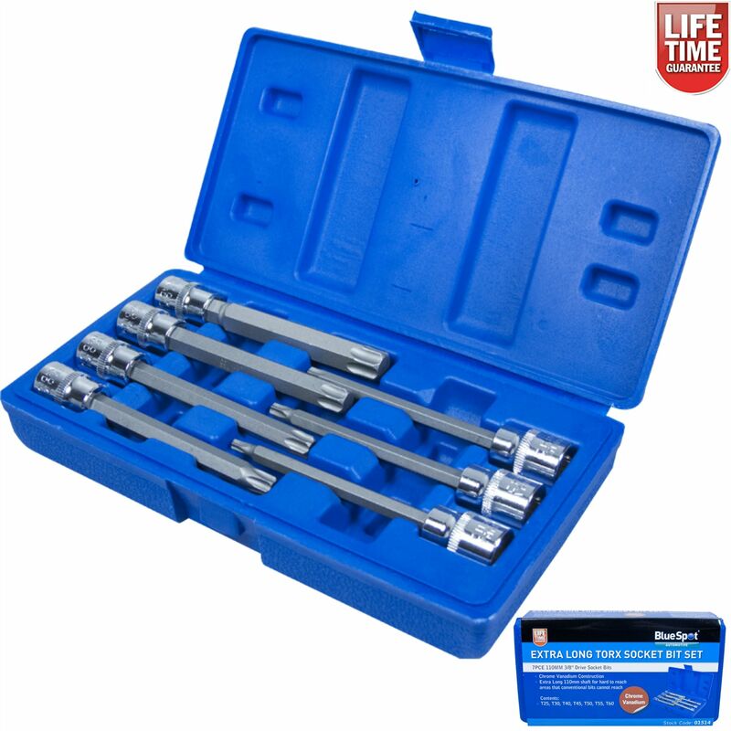 Extra Long Reach Torx Star Socket Set Key 7 Pc 3/8 Inch Drive Blue Spot 01514