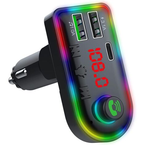 Bluetooth 5.0 FM-Autoradio-Transmitter – 3,1 A Schnellladefunktion – Zigarettenanzünderadapter mit 7-farbiger Ambientebeleuchtung