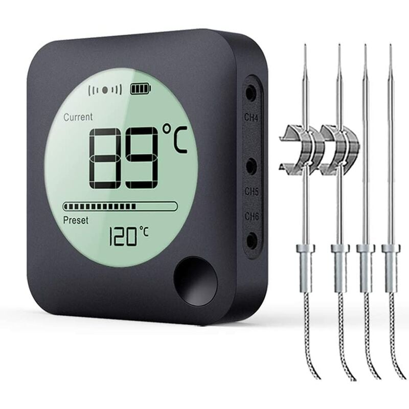 Bluetooth barbecue thermometer with timer, with 4 temperature probes, digital barbecue thermometer, instant read LED display