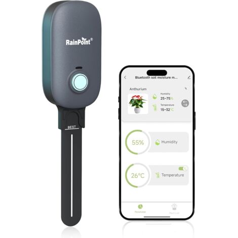 Bluetooth-Bodenfeuchtemesser, 2-in-1-Gerät zur Messung von Bodenfeuchte und -temperatur, Pflanzenfeuchtemesser, Pflanzensprenger mit Tracking-App und Daten.