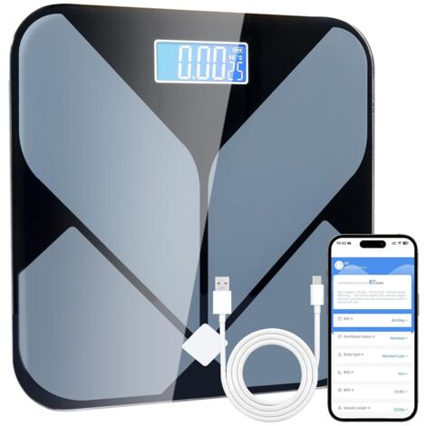 Bluetooth-fähige Badezimmerwaage mit 23 Körpermessfunktionen, 30 x 30 cm, USB-aufladbar, mit LCD-Display und Thermometerfunktion