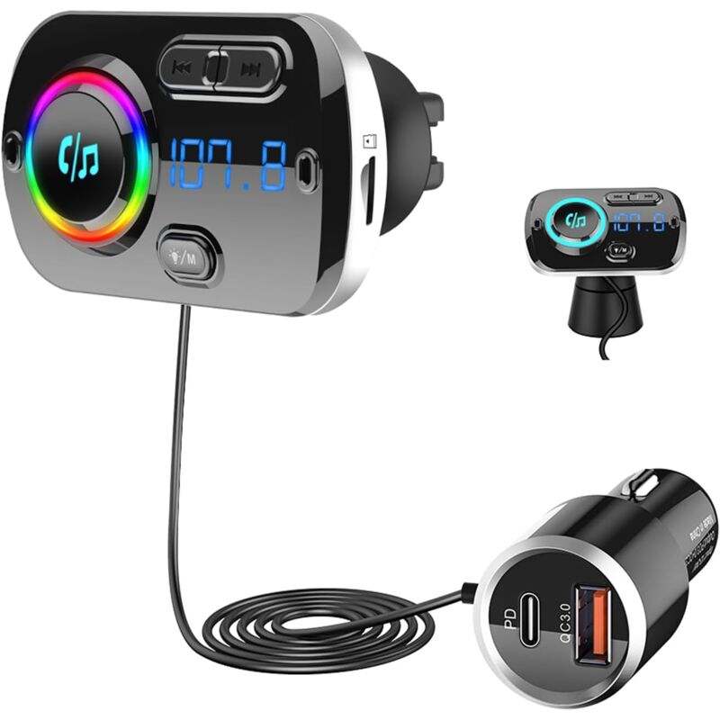 Bluetooth FM Transmitter, Bluetooth 5.0 Car Radio Transmitter, PD3.0 30W Type C & QC3.0, Bluetooth Car Music Player Adapter Hands-Free Calls, Support