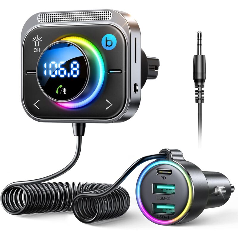Bluetooth FM Transmitter for Car, Bass & HiFi Bluetooth 5.3 Car Adapter, 30W PD & 18W QC: Hands-Free Bluetooth Car Kit, Bluetooth Cigarette Lighter