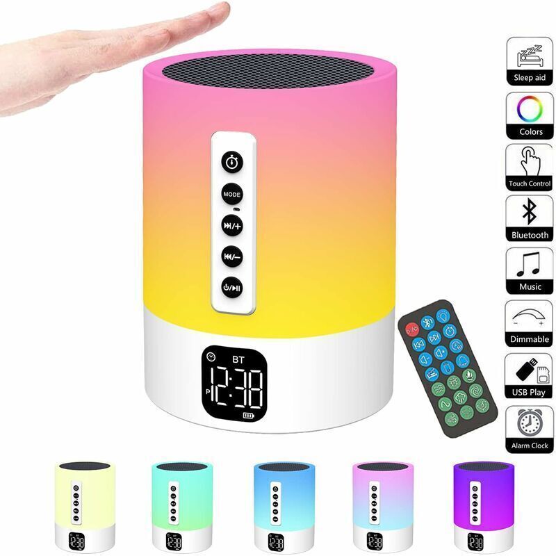 Bluetooth Speaker Alarm Clock Night Light, Touch Bedside Lamp with White Noise Machine, Bluetooth Speaker Night Light for Children, Light-Up Alarm