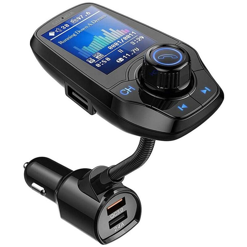 Aougo - Bluetooth Transmetteur fm pour Voiture avec Ecran Couleur 1,8', Kit Lecteur MP3 Adaptateur Émetteur pour Voiture, Entrée et Sortie aux, 2