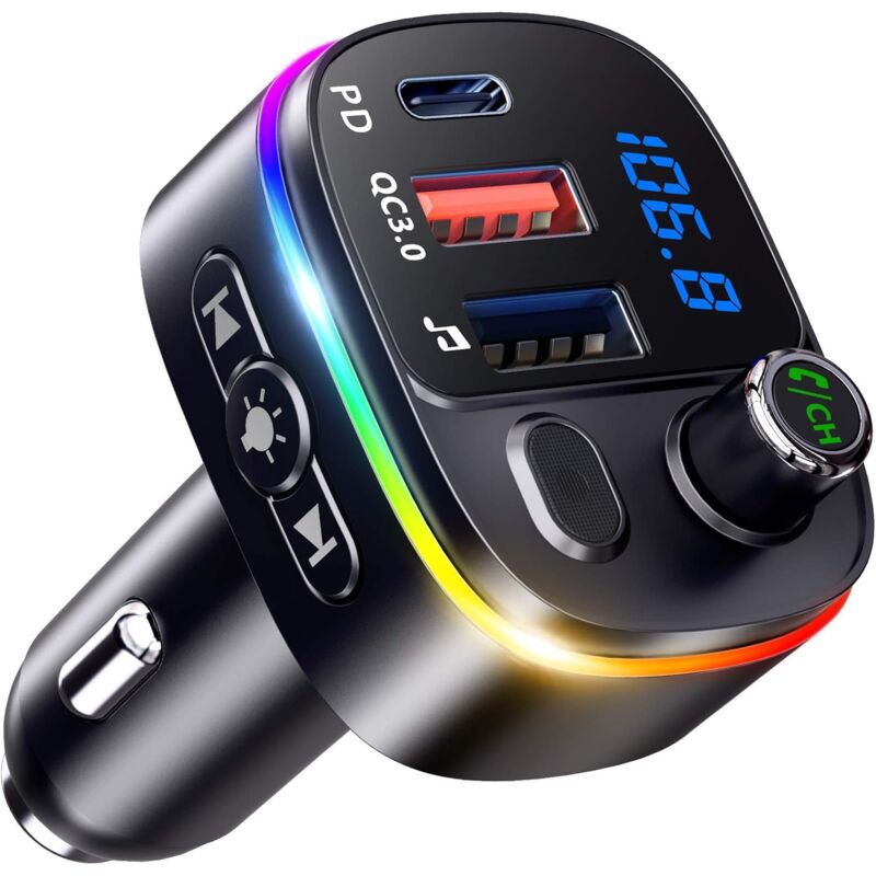 Bluetooth Voiture, QC3.0 & PD18W USB C Transmetteur FM Bluetooth 5.3 avec Appels Mains Libres, Adaptateur Bluetooth Voiture Autoradio Support
