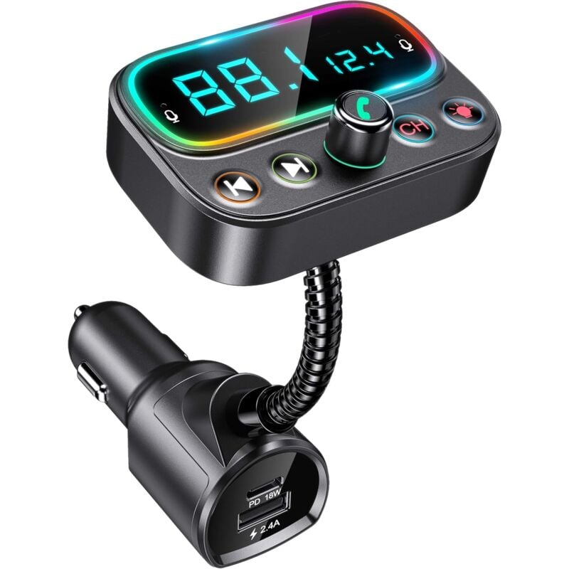 Aougo - Bluetooth Voiture, Rapide usb c 18 w Transmetteur fm Bluetooth 5.0 avec 9 Couleurs Rétroéclairées, Écran 2.0' Allume Cigare Bluetooth avec 3
