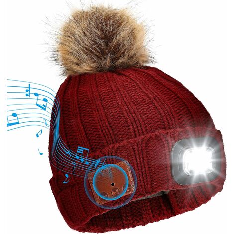 READCLY Bluetooth Wireless Beanie Hat with 4 LED USB Rechargeable Headlamp V5.0 - Fleece Lining - Built-in Stereo Speakers and Mic - for Women - Running, Skiing, Camping, Cycling