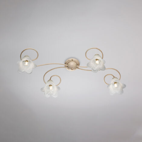 Blumen-Deckenlampe aus Eisen-Elfenbein-Gold vier Lichter Lampenschirme 87x40x h17 cm