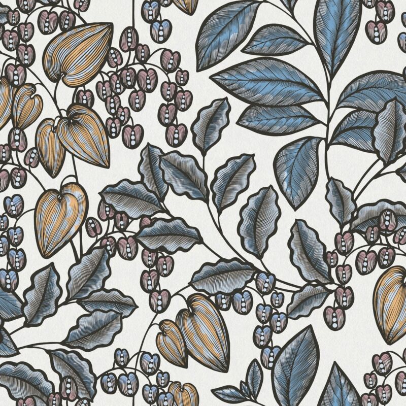 Blumen Tapete Profhome 377548 Vliestapete Glatt Mit Floralen Ornamenten Matt Blau Weiß Gelb Schwarz 5, 33 M2