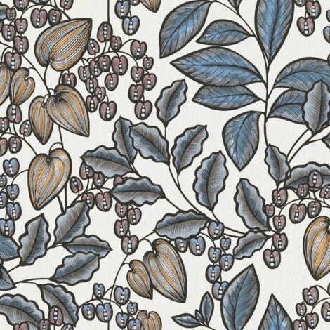 Blumen Tapete Profhome 377548 Vliestapete glatt mit floralen Ornamenten matt blau weiß gelb schwarz 5,33 m2
