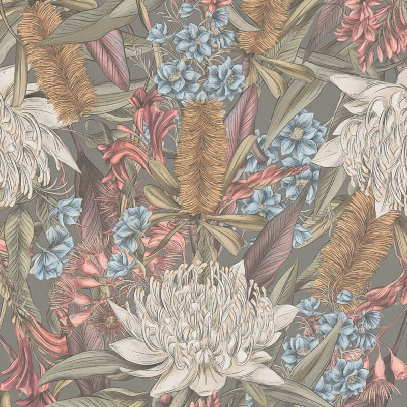 Profhome - Blumen Tapete 394283 Heißgeprägte Vliestapete Leicht Strukturiert Mit Floralen Ornamenten Matt Grau Rosa Grün Weiß 5, 33 M2