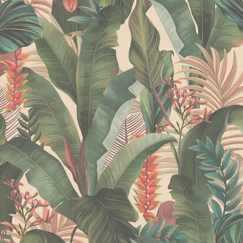 Profhome - Blumen Tapete 394351 Heißgeprägte Vliestapete Leicht Strukturiert Mit Dschungel-design Matt Beige Grün Rosa Rot 5, 33 M2