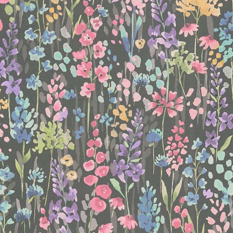 Profhome - Blumen Tapete 396064 Heißgeprägte Vliestapete Glatt Im Aquarell-stil Matt Schwarz Pink Blau Grün 5, 33 M2