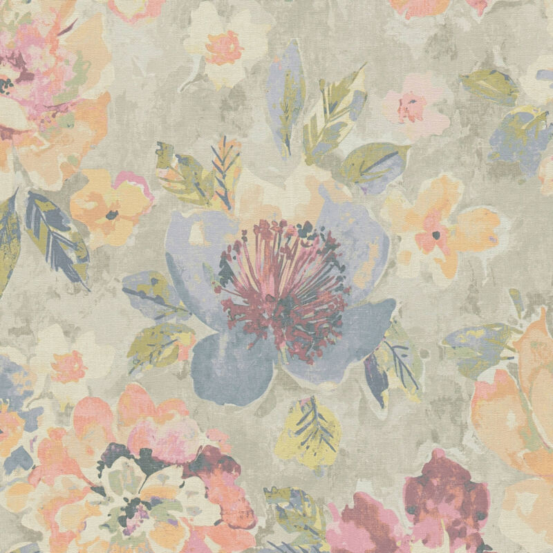 Profhome - Blumen Tapete 396072 Heißgeprägte Vliestapete Leicht Strukturiert Im Aquarell-stil Matt Grau Pink Blau Gelb 5, 33 M2