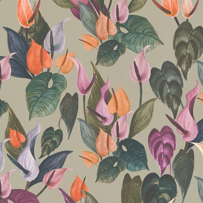 Blumen Tapete Profhome 782102 Heißgeprägte Vliestapete Glatt Mit Floralen Ornamenten Matt Grau Grün-braun Lila Orange-rot 5, 33 M2