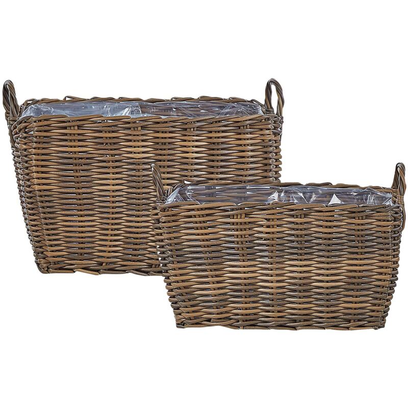 Beliani Set Mit 2 Blumentöpfen Ormos Polyrattan 53/59 Cm Braun