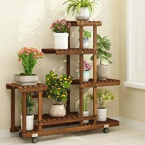 Blumenregal Holz 6 Ebenen Blumenständer mit Rollen, mehrstöckig Pflanzentreppe für Balkon Wohzimmer Flur Garten, 95 x 26 x 96 cm Braun