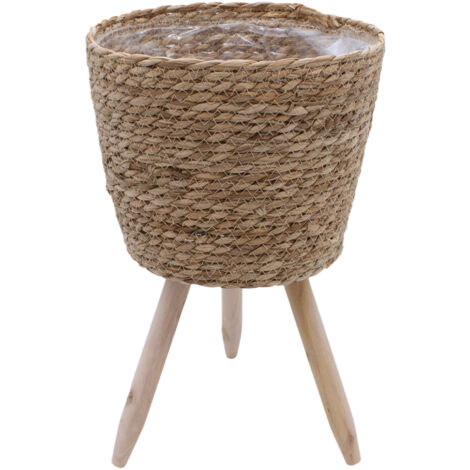 Blumenständer aus Stroh innen mit Folie - 35 x 23 cm - Rattan Pflanzenständer mit 3 Holz Beinen - Deko Blumentopf Pflanztopf mit Füßen für Zimmerpflanzen